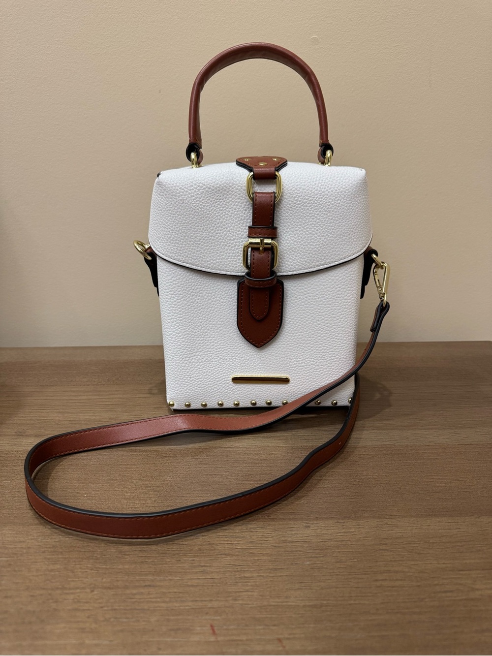 Structured White Mini Top-Handle Bag with Tan Accent